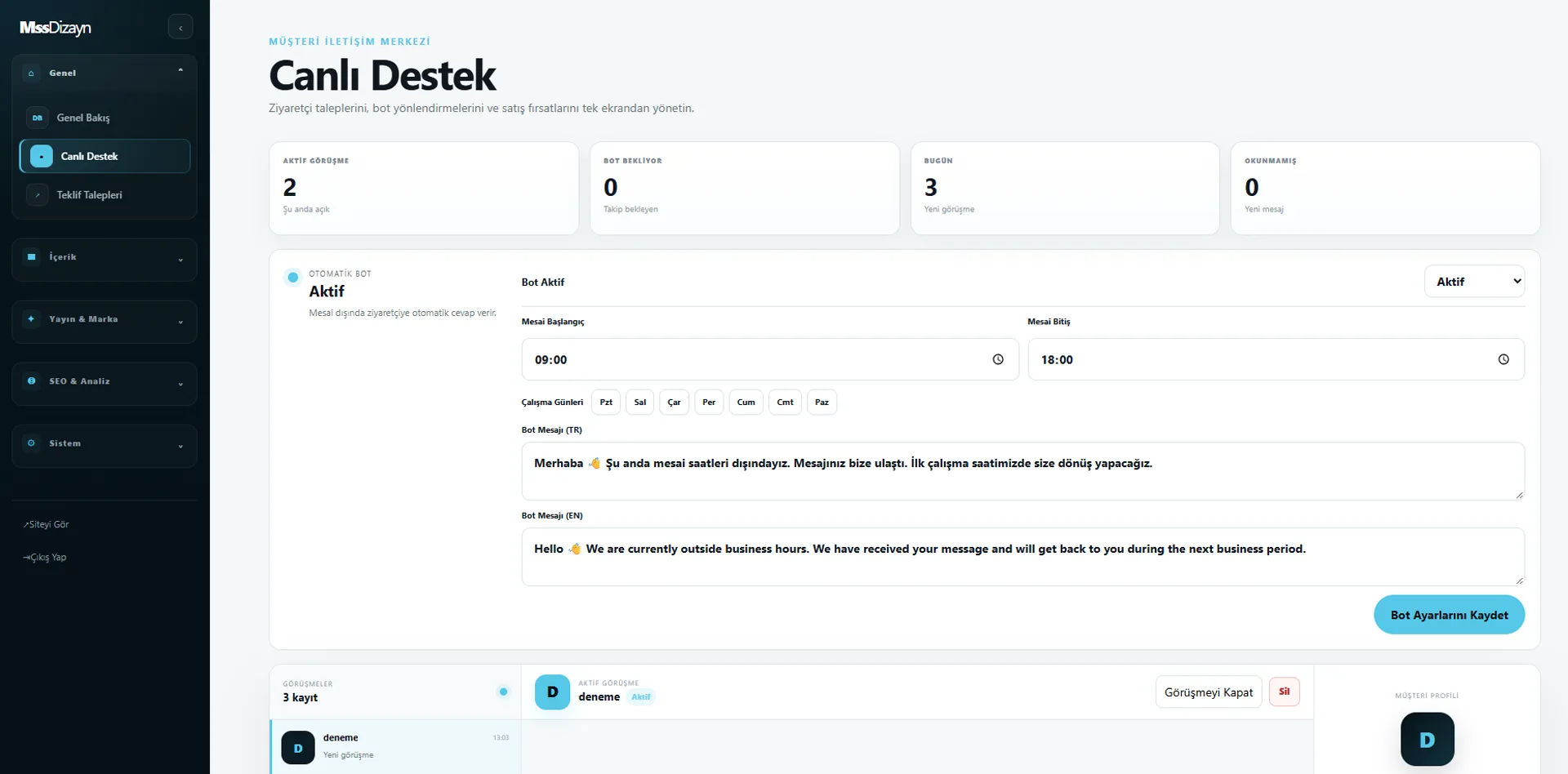 Özel web geliştirme form talepleri örneği